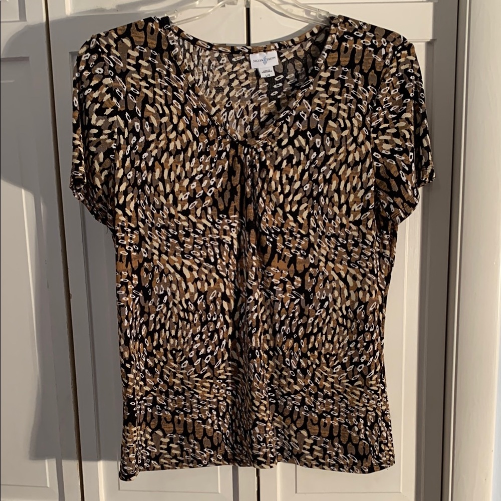 Jaclyn Smith-Brown/Black/Tan Abstract Short Sleeve Stretch Knit Blouse